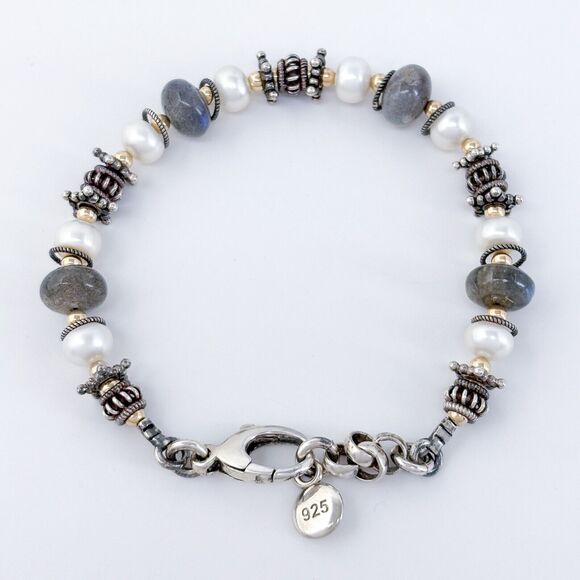 Artisan Sterling Silver 925 Labradorite & Pearl Beaded Bracelet 7"-8" - Picture 3 of 5